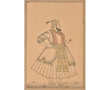 
	
		Portrait of a Mughal Ruler in 17th century style, 20th century, ink and watercolour on tan coloured paper, 18.5 by 12cms