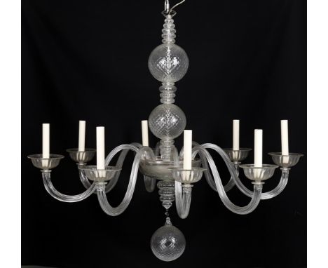 
	
		A glass eight light chandelier, modern, with central bowl mounted stem and eight scrolling arms issuing each with dished