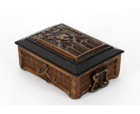 
	
		A French Gothic coffret or missal box, in the 15th century style, hinged lid with inset carved softwood tracery panel, e