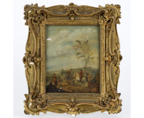 
	
		After Wouvermans
		Horsemen
		Oil on oak panel
		16 x 11.5cm (6¼ x 4½ in.)
		Provenance: Berwick House, Shropshire
		
		