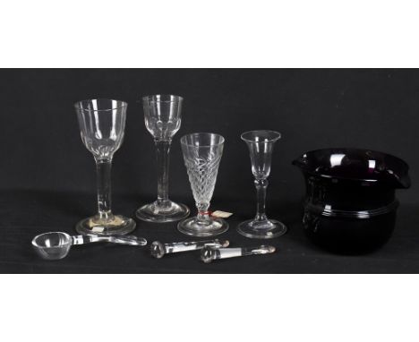 
	
		Glass to include a George II wine glass, circa 1755, generous ogee bowl with hammered flutes on folded foot (foot cracke