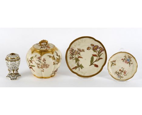 
	
		A Royal Worcester lobed jar and cover and quatrefoil stand, pattern 1412, vase 17.5cms high; a Grainger's Worcester reti