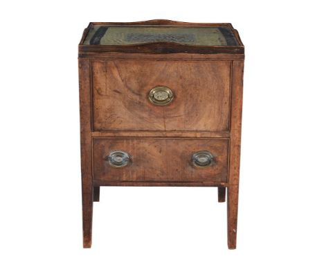 
	
		A George III mahogany bedside night commode, circa 1780, with galleried top and inset silk panel, 76cm high, 55cm wide, 