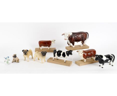 
	
		A selection of ceramic animals and birds including Royal Copenhagen pug 3169, 7.5cms high, Beswick pugs and cattle and t