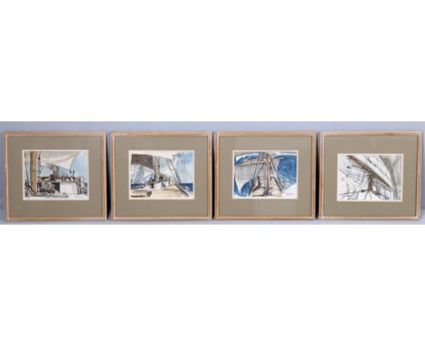 
	
		λ&nbsp;Claude Muncaster (1903-1974) 
		A set of four sketches of scenes aboard a sailing boat
		Pen, ink and watercolour