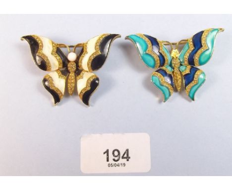 Two enamel butterfly brooches