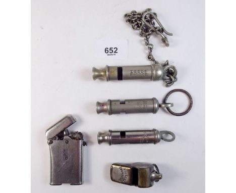 A Leeds Police whistle, a Hudson Whistle 1940, an Acme City whistle, An Acme Thunderer and a lighter Thorens Patent
