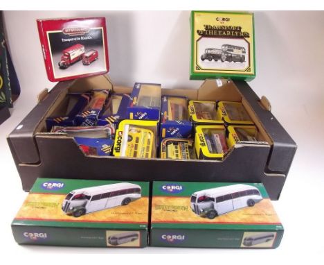 A group of nineteen Corgi buses and coaches