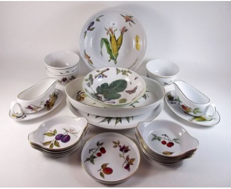 A group of Royal Worcester Evesham including large salad bowl, platter, oval serving dish, two sauce boats and various bowls 