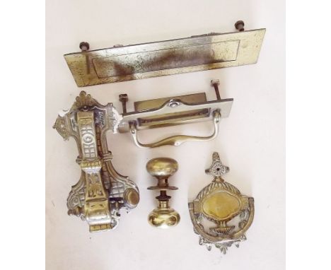 A box of brass door furniture including large door knocker