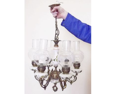 A Spanish floral painted large chandelier style light fitting with glass shades