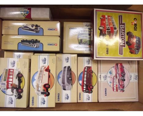 A group of twelve boxed Corgi public transport buses including a Corgi Barton 1908 - 1989 D41/1 etc