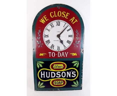 A Hudson's soap advertising shop 'We Close' enamel sign with clock - 46 x 27cm
