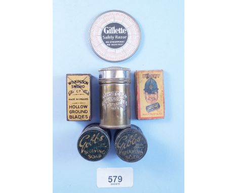 A small Wilkinsons Sword 'Hollow Ground Blades' advertising pot, Gillette Calendar hand bag mirror, Bobby razor blades, Colga