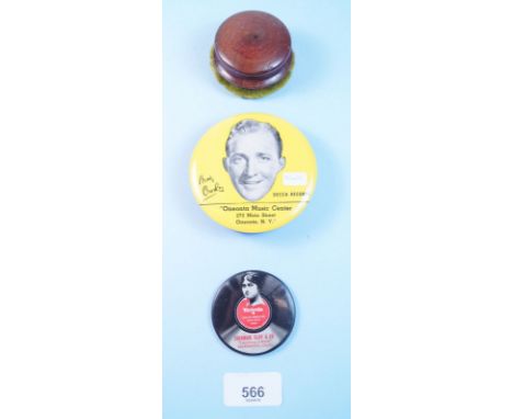 A Victrola advertising handbag mirror, a Bing Crosby Decca Records gramophone record cleaner and a mahogany gramophone cleane