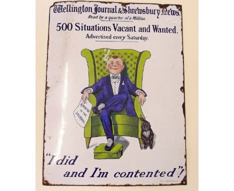 An enamel advertising sign for 'The Wellington Journal and Shrewsbury News' - a pictorial sign with seated man '500 Situation