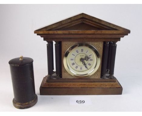 A Mercedes small mantel clock and a treen pot