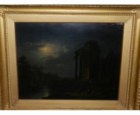 19th Century Continental School, a romantic landscape study of travellers on horseback approaching a ruin at sunset, unsigned