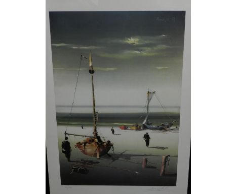 Jorge Aguilar-Agon (b.1936), a surrealist study of beached fishing boats, limited edition print, signed in pencil and dated 1