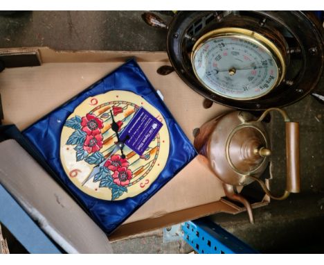 Shortland ships wheel barometer, copper kettle and plate clock