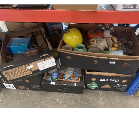 5 boxes of items to include household, vases, wooden items, ceramics, glass, Melamine kitchenware, cutlery, metalware, a Pana