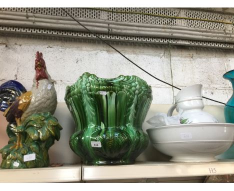 A large ceramic cockerel, a large green planter (As found) and a jug and bowl set 