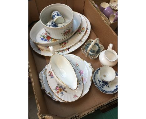 A box of mixed pottery including Royal Worcester and blue and white 