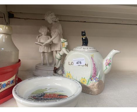 A vintage Dick Whittington teapot, a Wedgwood baby dish &amp; a plaster/chalkware children figure. 