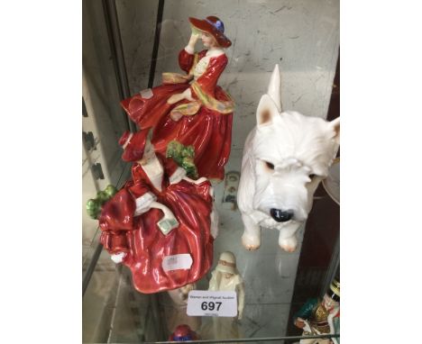 2 Royal Doulton figurines, Lydia HN1908, and Top o' the hill HN1834, toigether with a Scottie dog figure marked NymphenburgAl