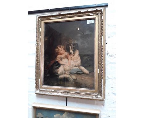 19th century oleograph depicting a young child and dog seated by tree, 32c, x 40cm, framed and glazed. 