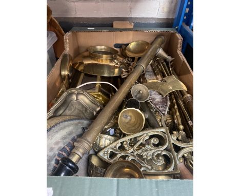 A box of brassware including brass lamp. 