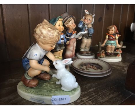 5 Hummel figures and 2 Hummel mini plates including Toothache 1957-60, a figure made for the 50th anniversary of Hummel, and 