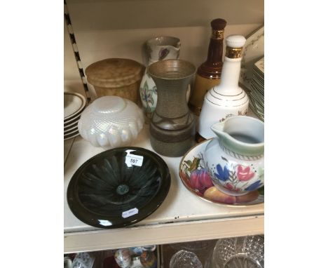 Studio pottery including Lotus Pottery, Devon, 2 vintage light shades etc 
