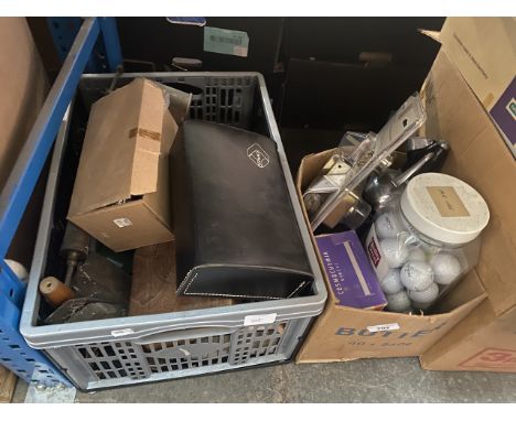 2 boxes of various tools, hardware, golf balls, wooden boxes, etc. 