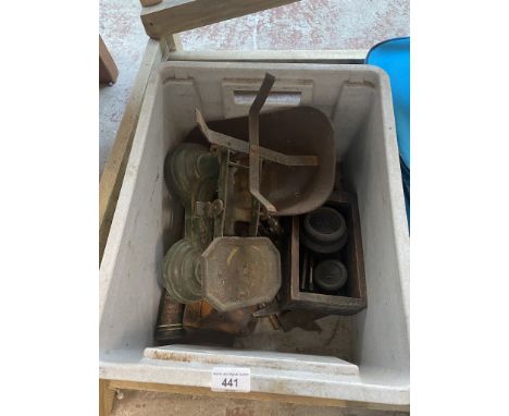 Metal kitchen scales with tray and weights, together with tools including an axe 