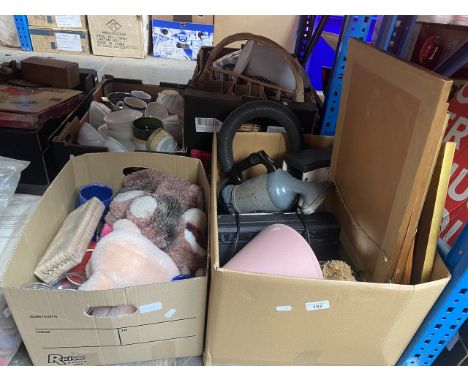 A box of misc including pictures, handheld vac, radio, lamp, etc and a box of soft toys, ceramics and some glassware. 