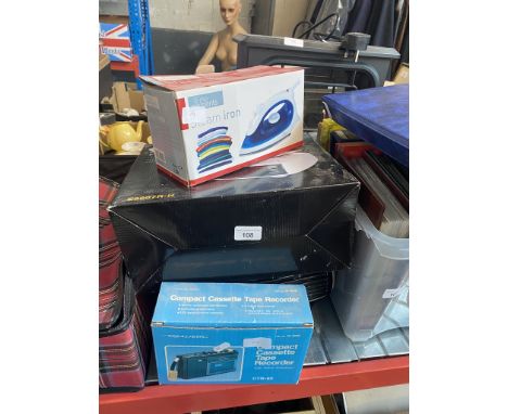 A bundle of various electrical items including a compact cassette tape recorder, a steam iron, 2 fan heaters and an electric 