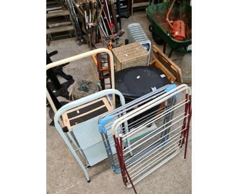 3 sets of small steps, 3 clothes airers, wine rack, electric radiator heater, over head projector, wicker storage basket, a p