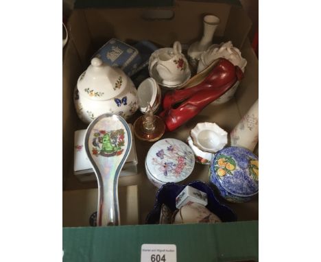 A box of mixed pottery including Brentleigh ware ceramic ballet shoes, Aynsley, Royal Worcester, Wedgwood jasperware etc 