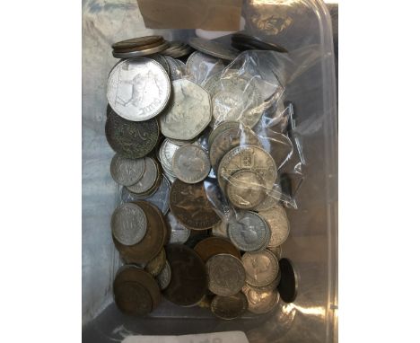 A tub of old coins, 1854 onwards to include 60 grams of silver coins 