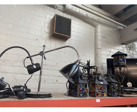 A black enameled industrial style adjustable lamp, two reading lamps (one attaches to a wall) and a collection of 4 multi-col