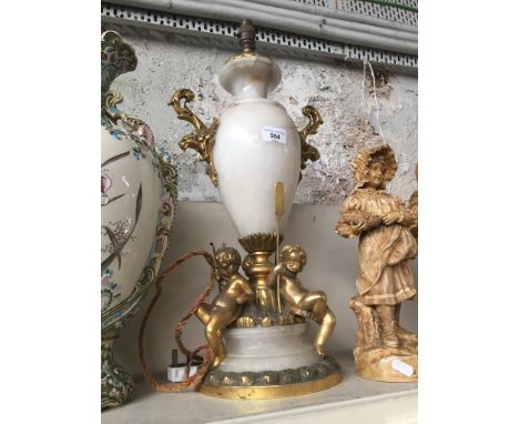 An early 20th century gilt metal mounted marble table lamp of urn form with ornate mask handles, ovoid body on pedestal with 