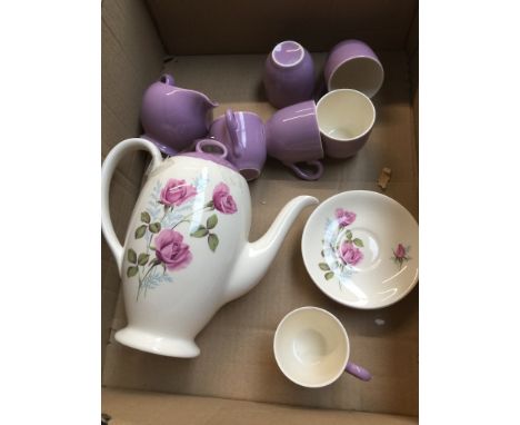 A Myott Lilac Rose part coffee set - coffee pot, milk jug, 6 cups and 5 saucers 