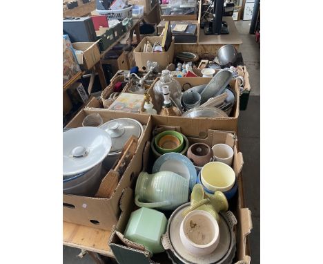 7 boxes of misc including teasmade, enameled bucket, cutlery, kitchenware, glassware, ornaments, Royal Worcester figure, Nao 