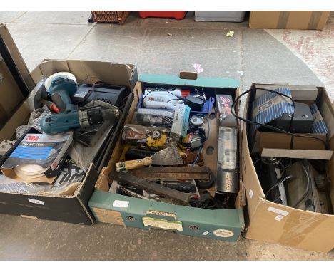 Three boxes of hand tools and electricals etc 