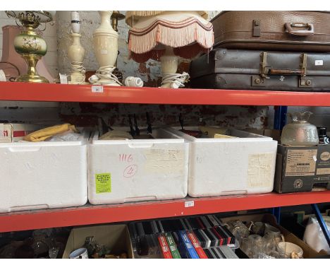 A box of various table cloths and 3 boxes of misc ceramics and glassware to include crystal, lamp, vases, etc. 