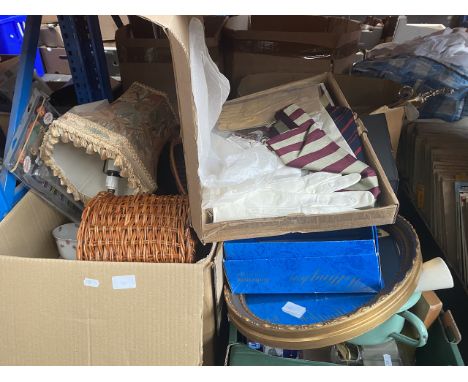 3 boxes of misc including collectables, Royal Albert gift set, wicker basket, lamp, clocks, ties, scarves, gloves, ceramics, 