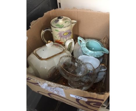 A mixed box containing Sadler teapot, a water jug, glass sundae dishes, etc 