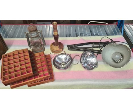 A box of misc. including a Lucas car lamp and another, vintage machine lamp, storm lamp, thimble display units, wooden candle