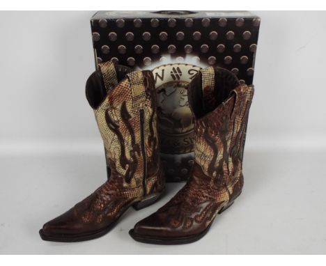 New Rock cowboy boots - a pair of two-tone brown boots with scale decoration, # M.7921-C7, EU size 41, UK size 7, appears in 